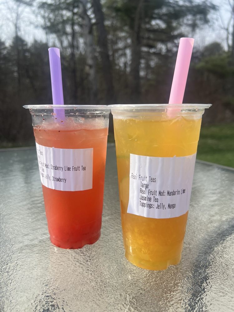 Two real fruit teas from HoneyBoba, strawberry lime and mandarin lime jasmine