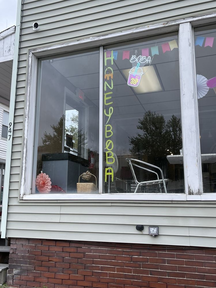 HoneyBoba storefront window with hand-painted sign, Main St, Westbrook, Maine